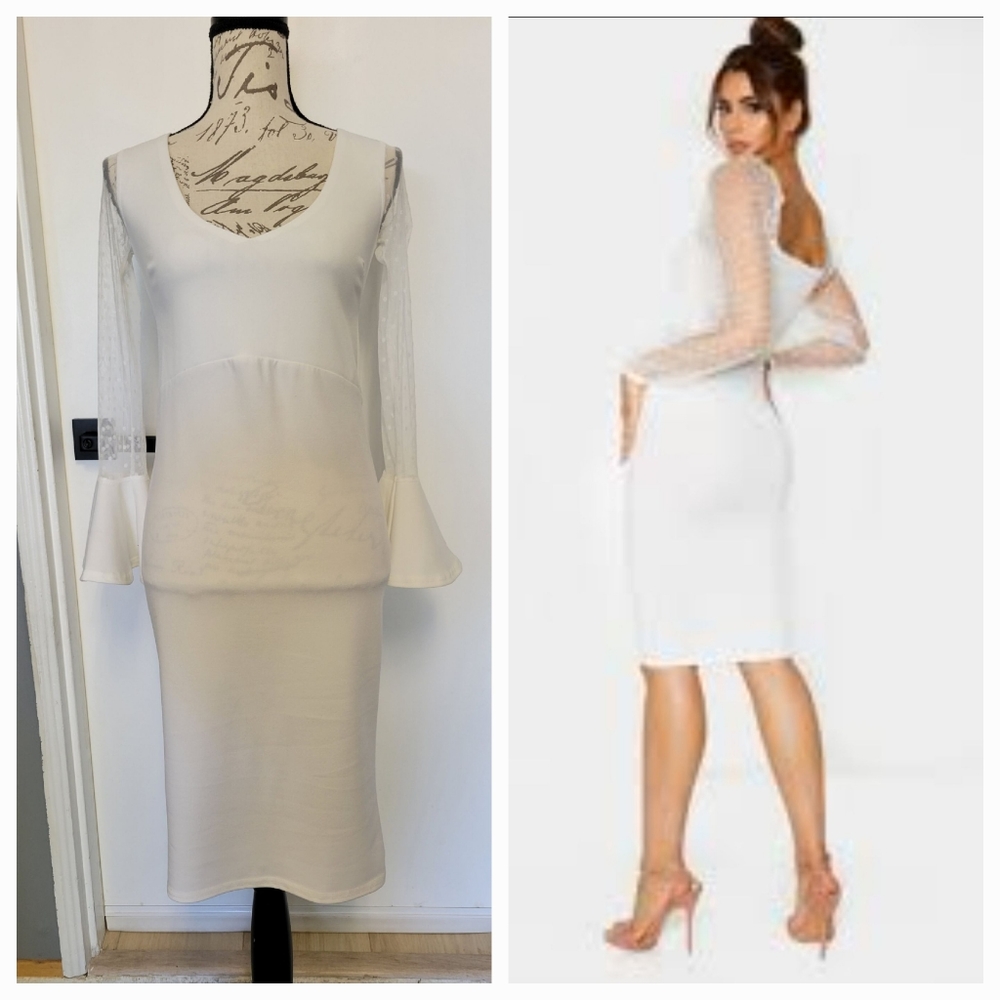 Sexy White Bell Sleeve Tulle‎ Bodycon Dress Size 8
